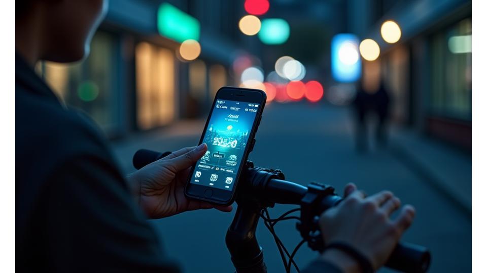 E-bike rider interacting with a smartphone displaying connected accessory features.