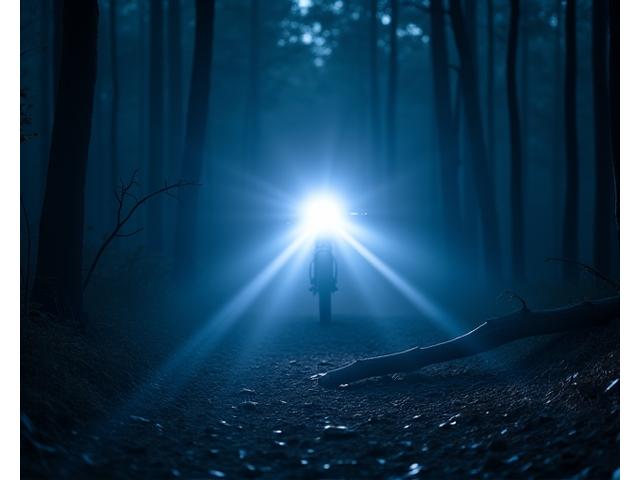 Powerful LED bike light beam cutting through a dark forest path